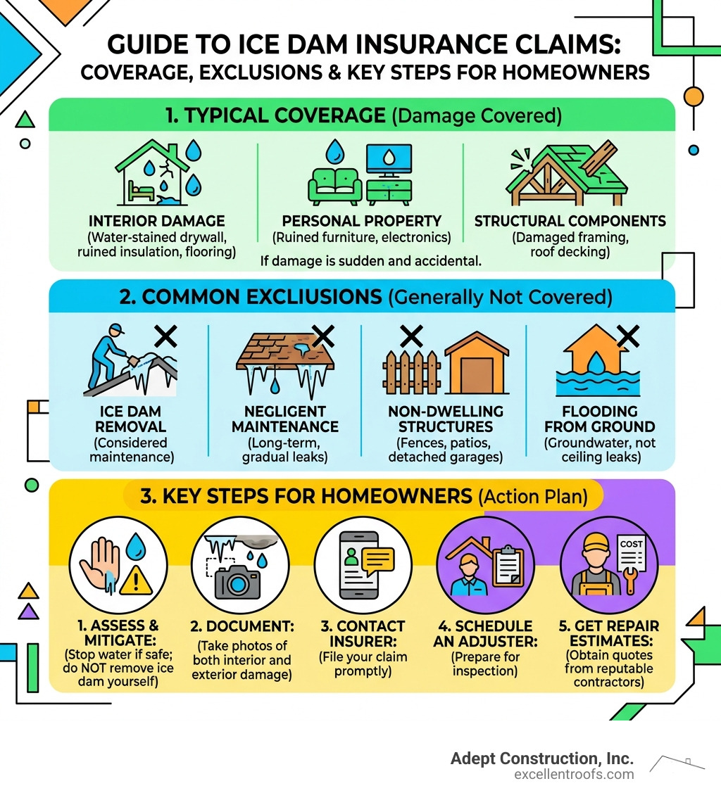 Infographic showing ice dam insurance claim coverage, exclusions, and key steps for homeowners - ice dam insurance claim
