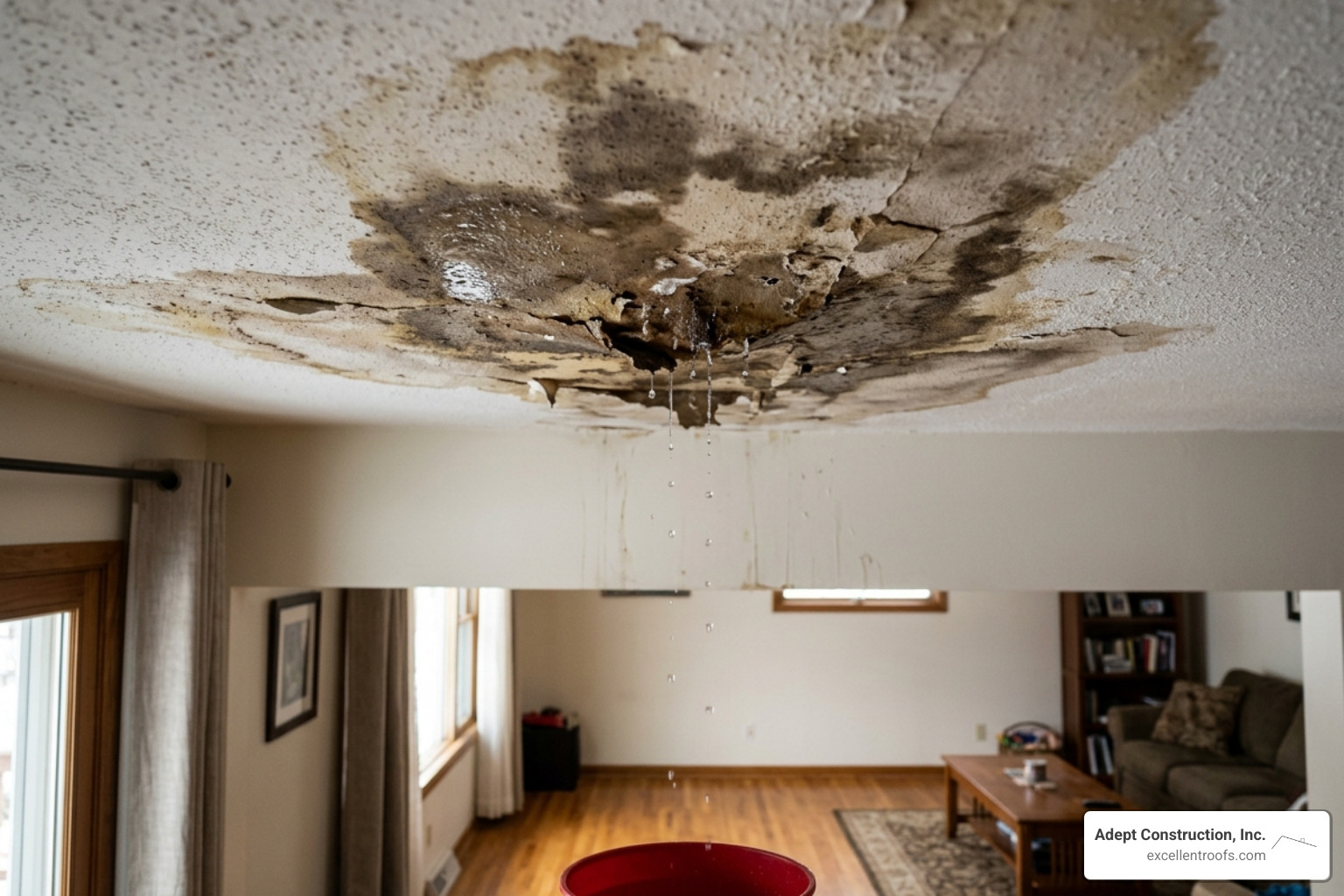 interior ceiling water stains caused by roof leaks - ice dam insurance claim