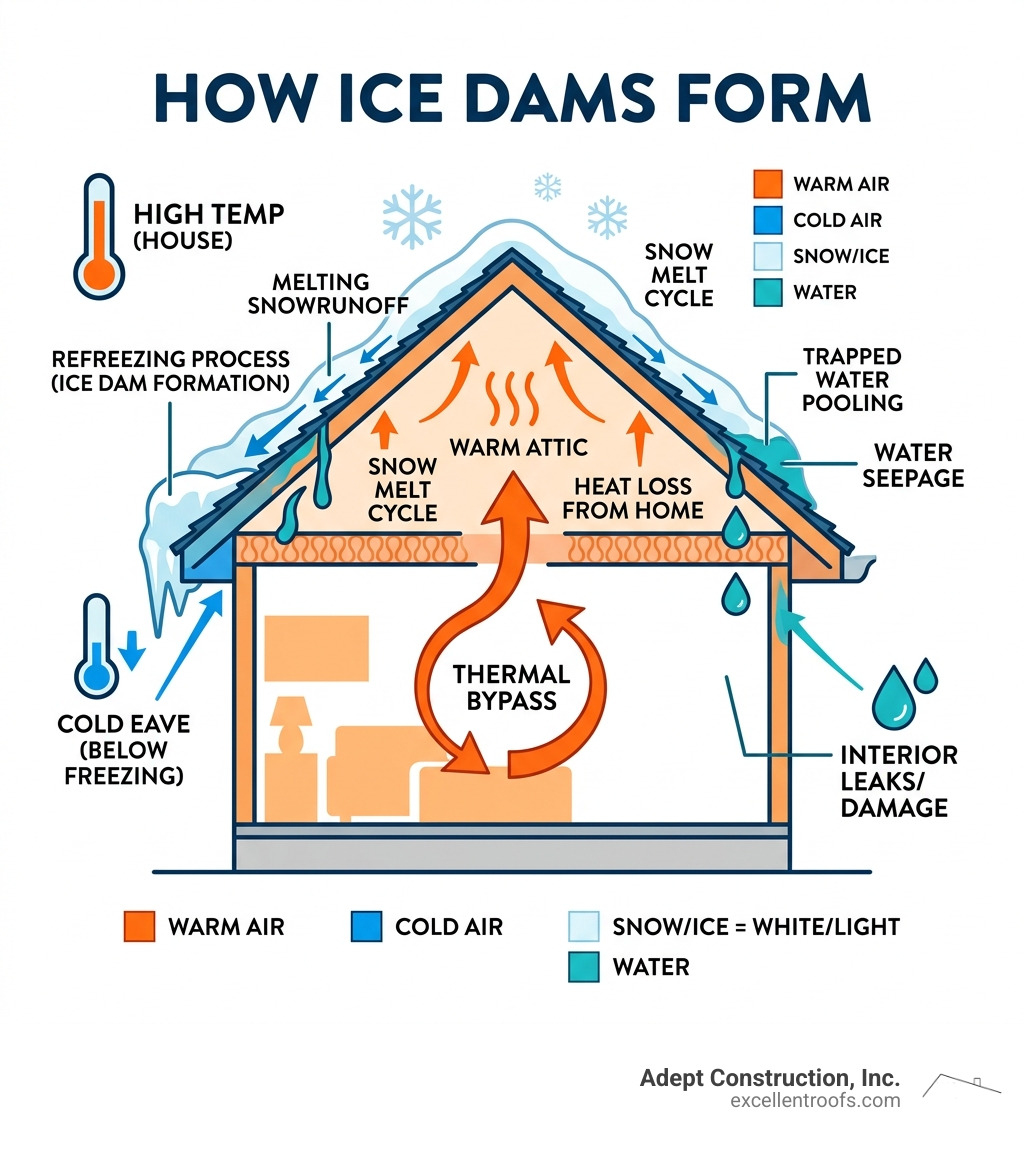 infographic explaining the thermal bypass and refreezing process that creates ice dams - ice dam insurance claim infographic 
