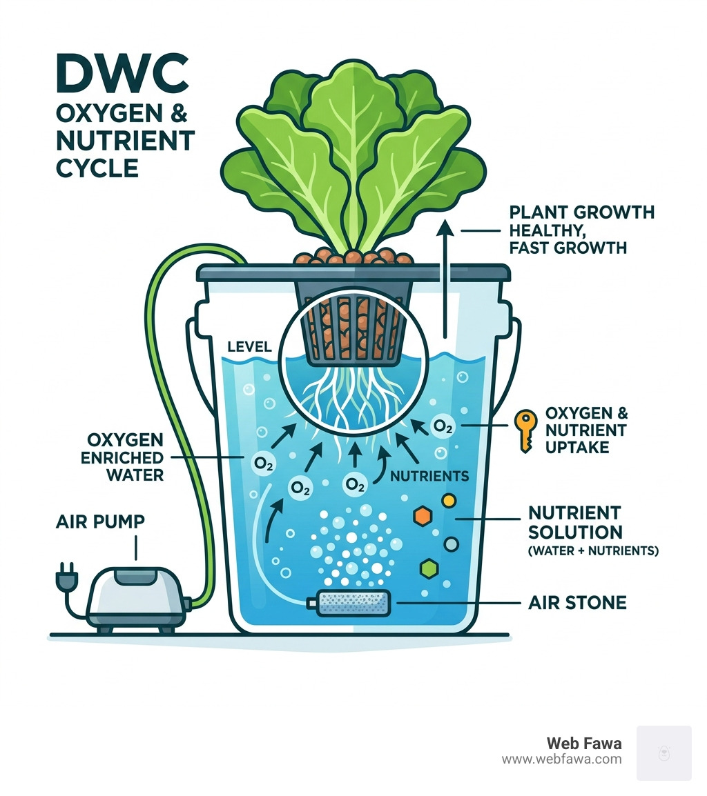 Infographic showing DWC oxygen and nutrient cycle with air pump, air stone, roots, and reservoir - dwc hydroponics diy