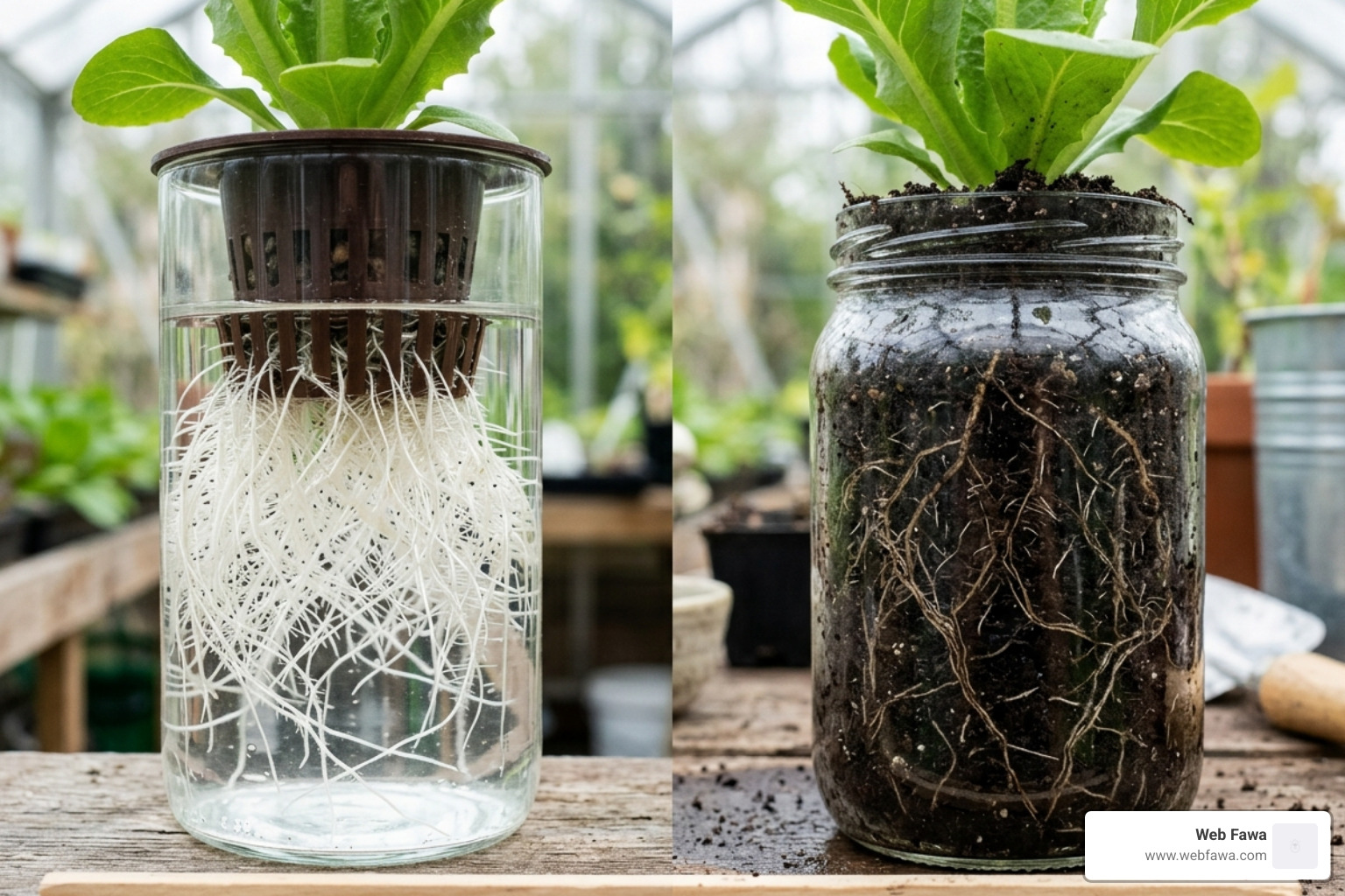 Close up of healthy, bright white hydroponic roots vs. brown, soil-covered roots - dwc hydroponics diy