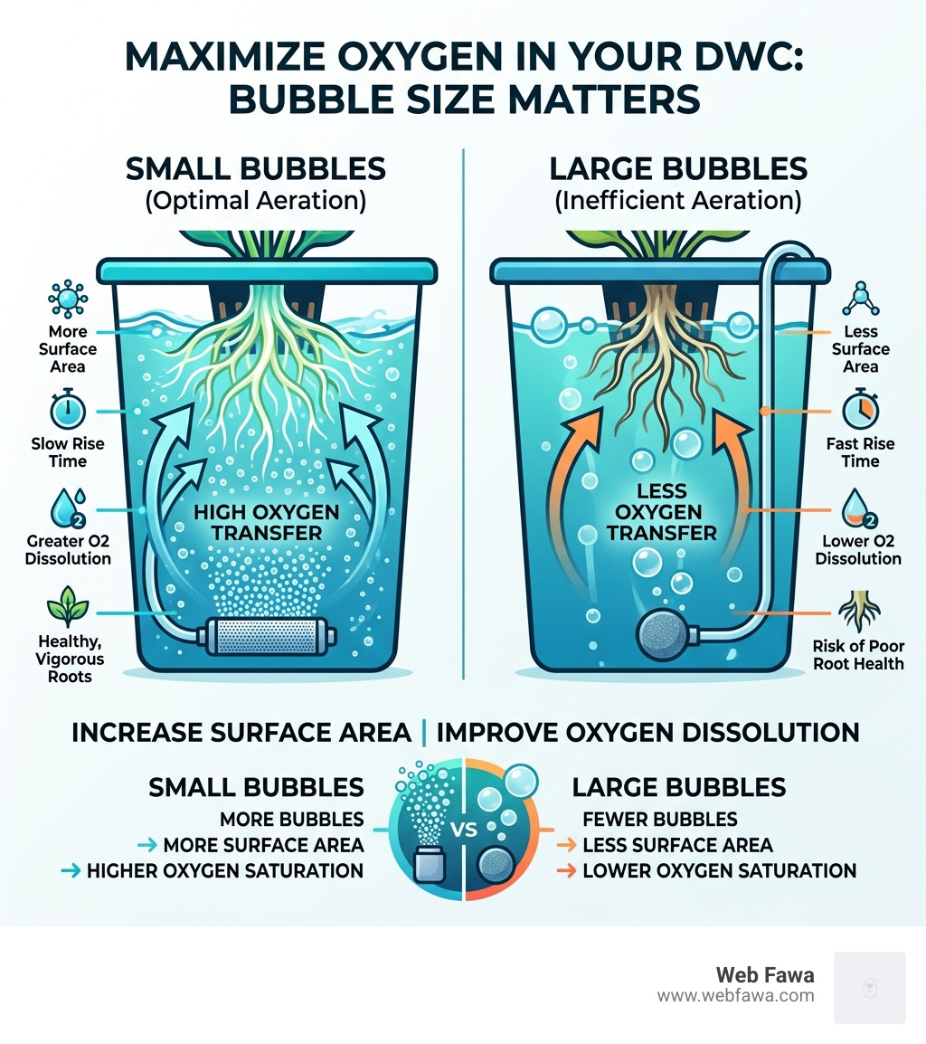 Graphic showing the difference between small bubbles and large bubbles for oxygen saturation - dwc hydroponics diy