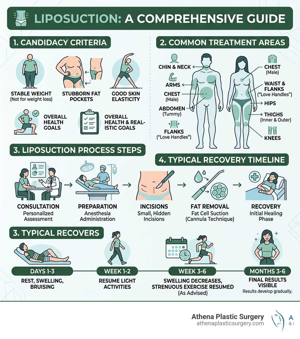 Infographic showing liposuction process steps, candidacy criteria, treatment areas, and recovery timeline - lipo near me Infographic showing liposuction process steps, candidacy criteria, treatment areas, and recovery timeline - lipo near me