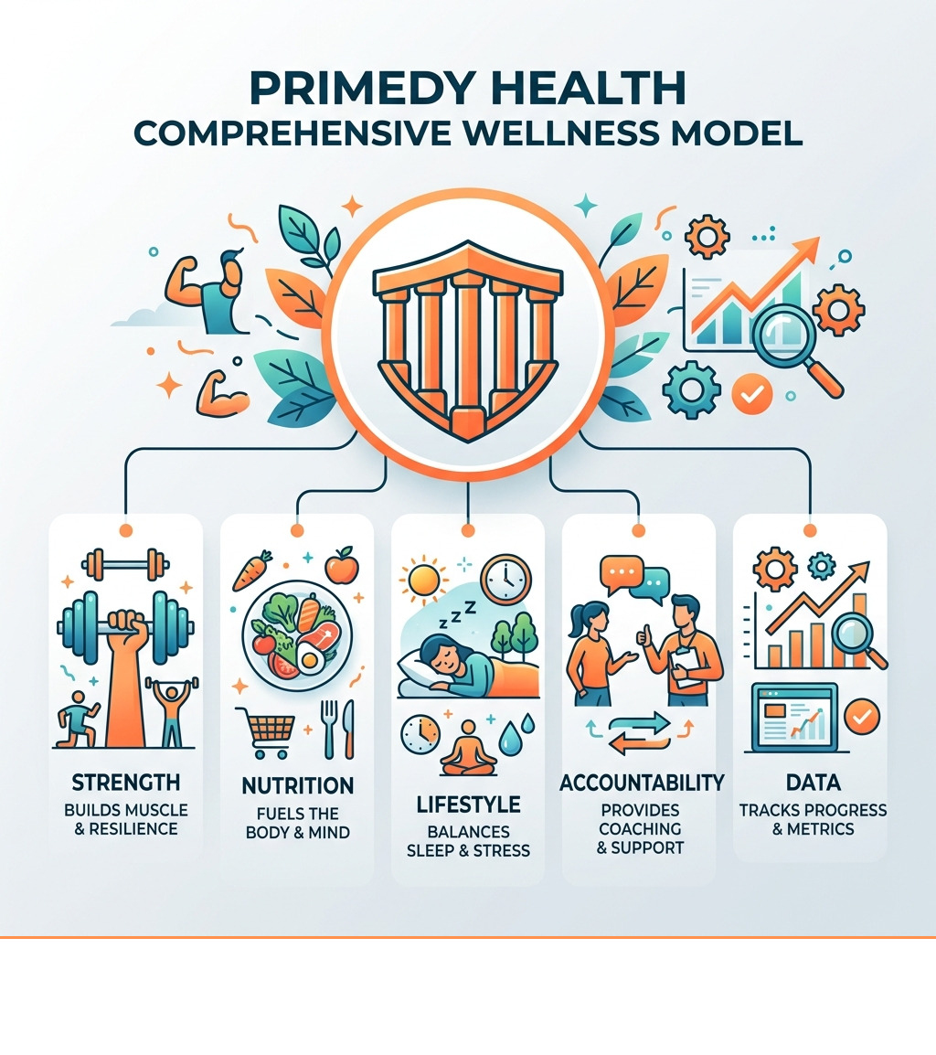 Infographic detailing Primedy Health's comprehensive wellness model, including Strength, Nutrition, Lifestyle Infographic detailing Primedy Health's comprehensive wellness model, including Strength, Nutrition, Lifestyle
