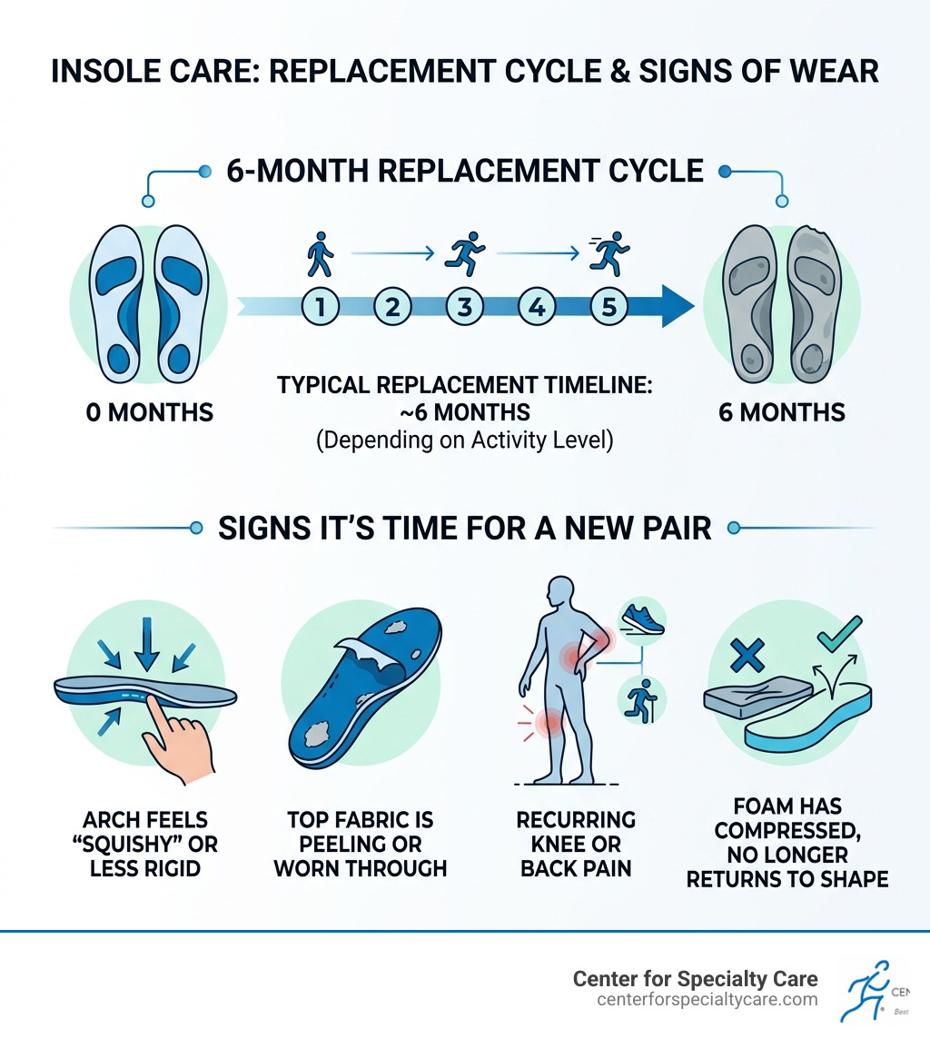 Infographic showing the 6-month replacement cycle for insoles and signs of wear - foot pads for flat feet infographic Infographic showing the 6-month replacement cycle for insoles and signs of wear - foot pads for flat feet infographic
