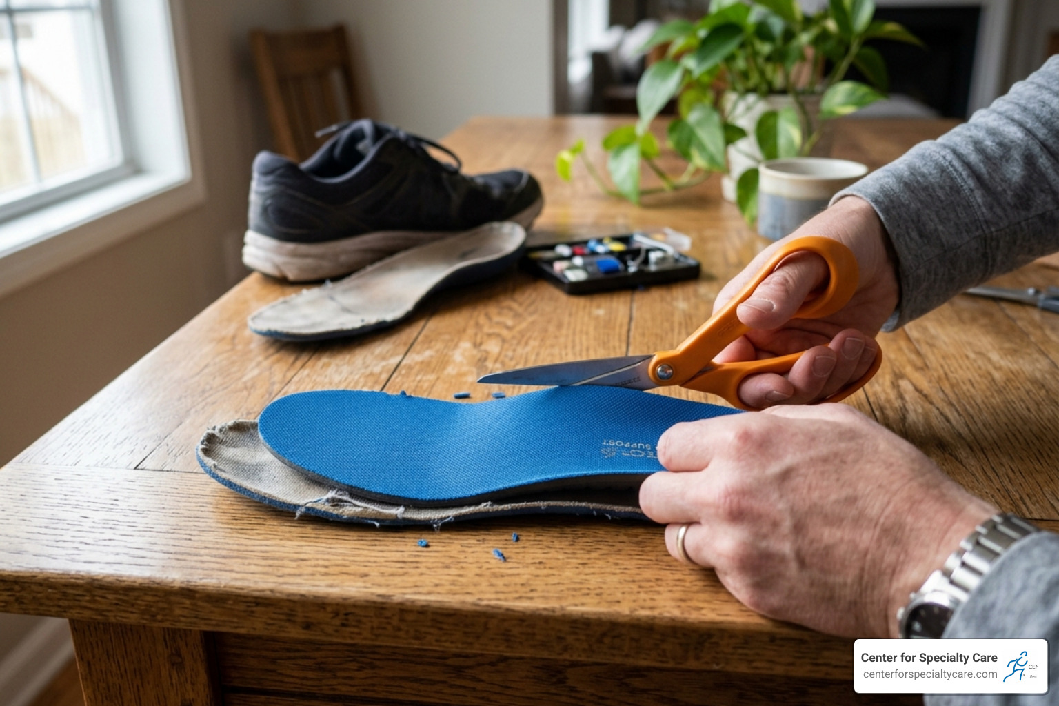 A person trimming a new insole to match the shape of their shoe - foot pads for flat feet A person trimming a new insole to match the shape of their shoe - foot pads for flat feet