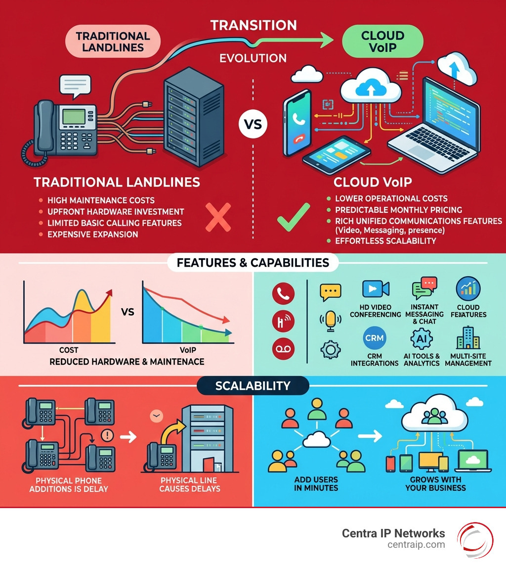 Infographic showing the transition from traditional landlines to cloud VoIP for medium businesses, with cost, features, and Infographic showing the transition from traditional landlines to cloud VoIP for medium businesses, with cost, features, and