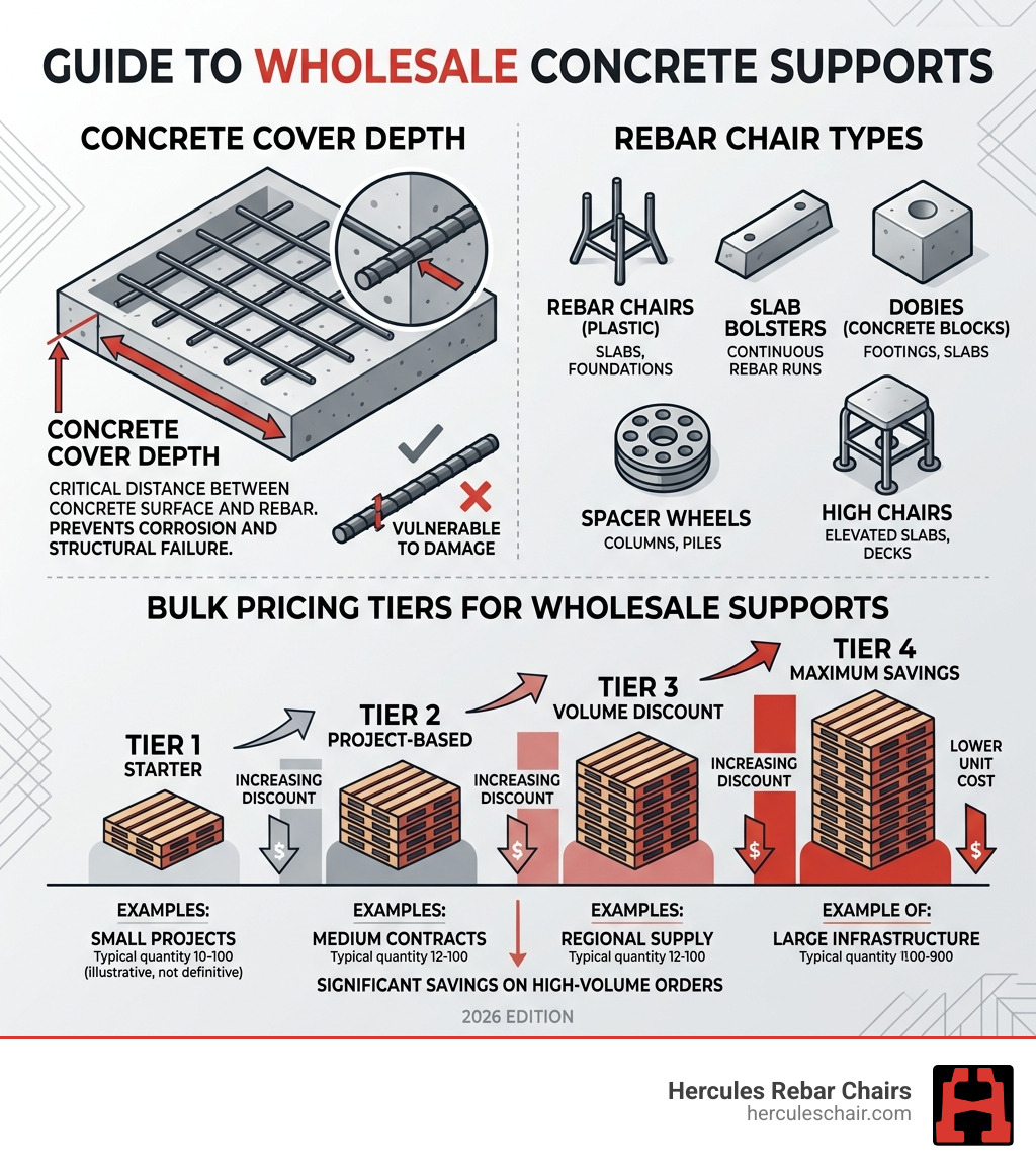 Infographic showing concrete cover depth, rebar chair types, and bulk pricing tiers for wholesale concrete supports