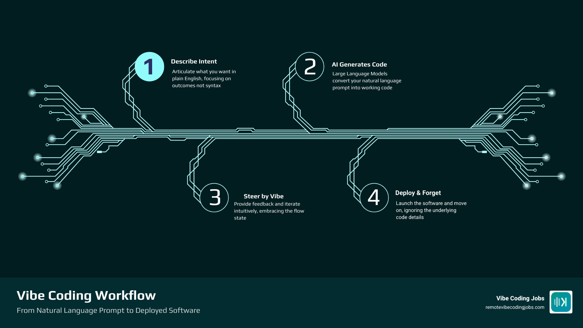 infographic showing vibe coding workflow from natural language prompt to deployed software - why is it called vibe coding