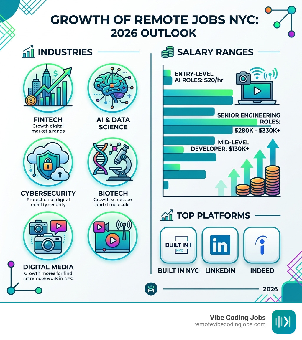Growth of remote jobs NYC in 2026: industries, salary ranges, and top platforms infographic - remote jobs nyc infographic 