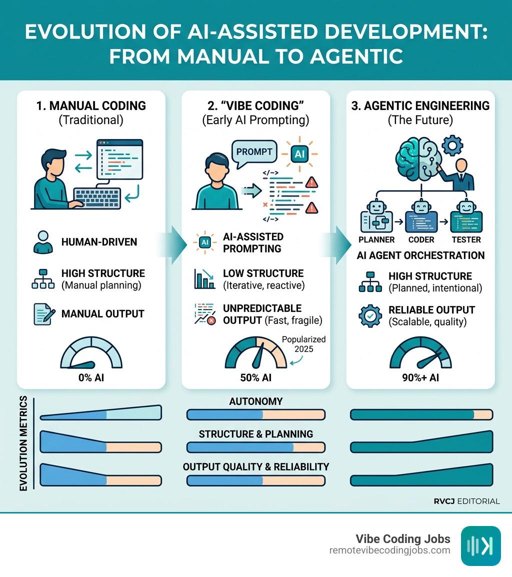 Evolution from manual coding to vibe coding to agentic engineering: autonomy, structure, and output quality - agentic