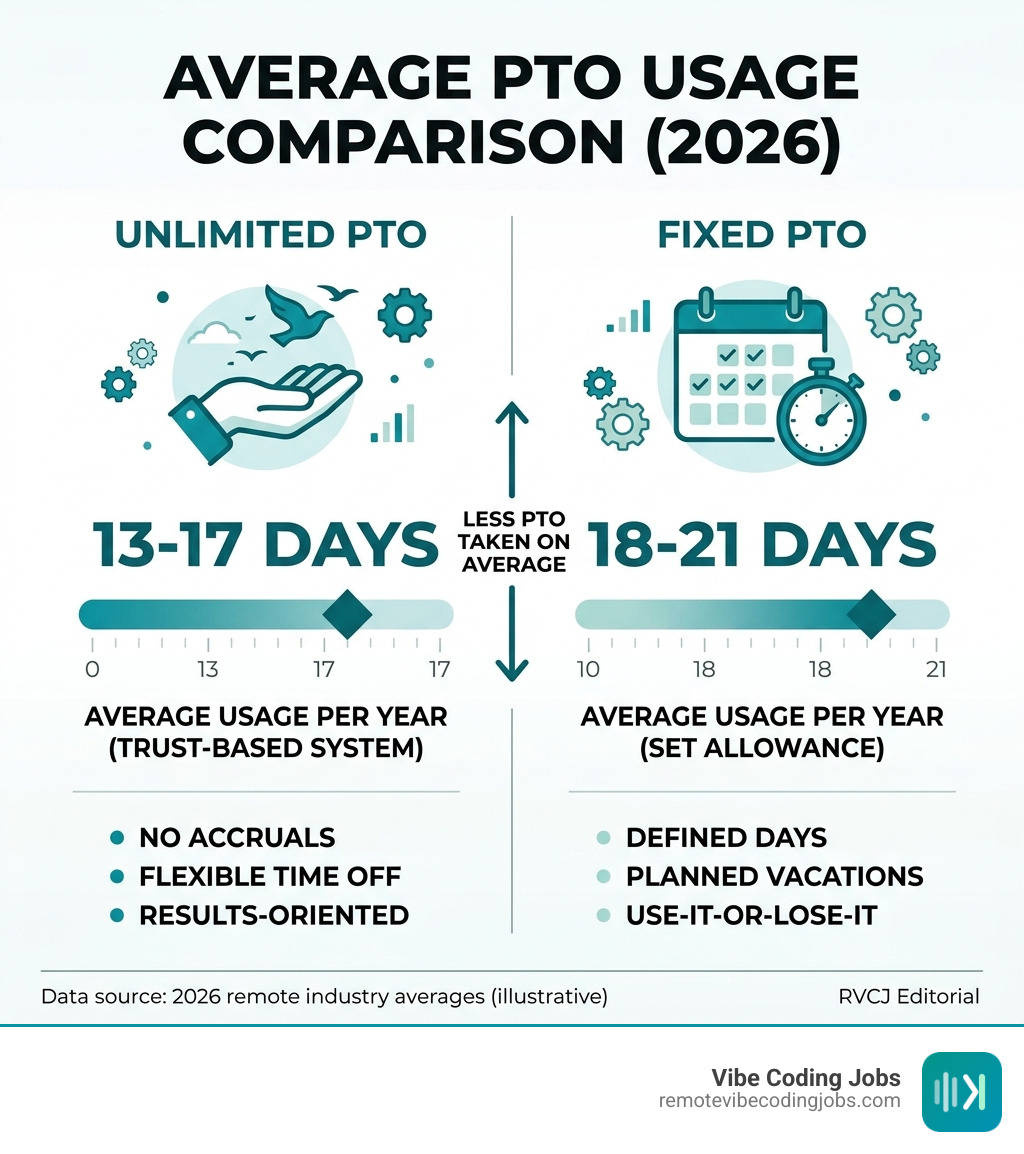 Infographic comparing unlimited PTO average usage (13-17 days) vs fixed PTO average usage (18-21 days) - unlimited pto dev