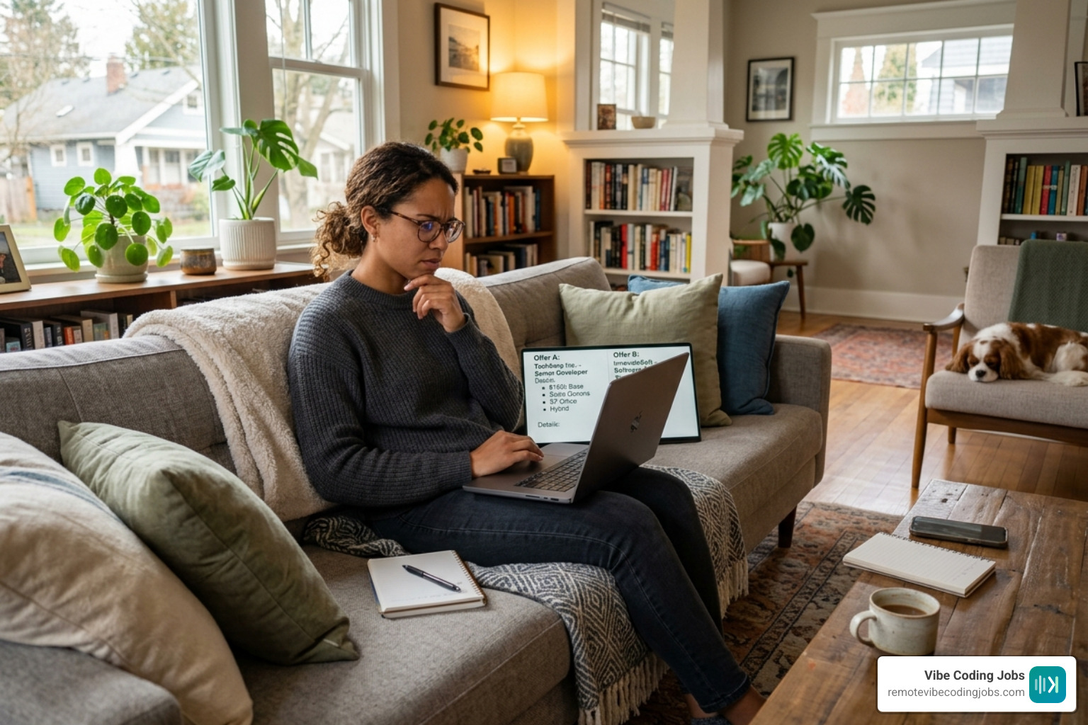 A software developer sitting on a couch comparing two job offers on a laptop screen - unlimited pto dev remote