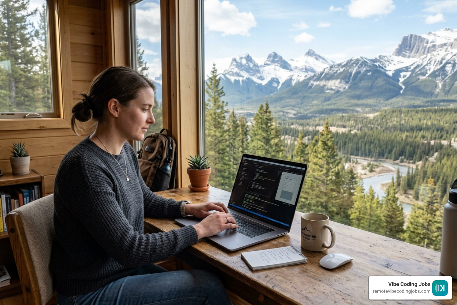 A digital nomad developer working on a laptop near a window with a mountain view - unlimited pto dev remote