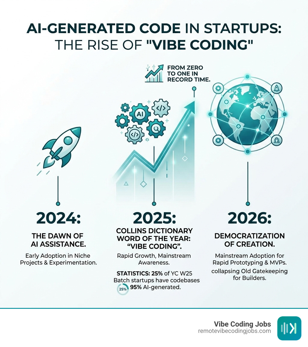 infographic showing statistics of AI-generated code in startups and its growth from 2024 to 2026 - why is it called vibe