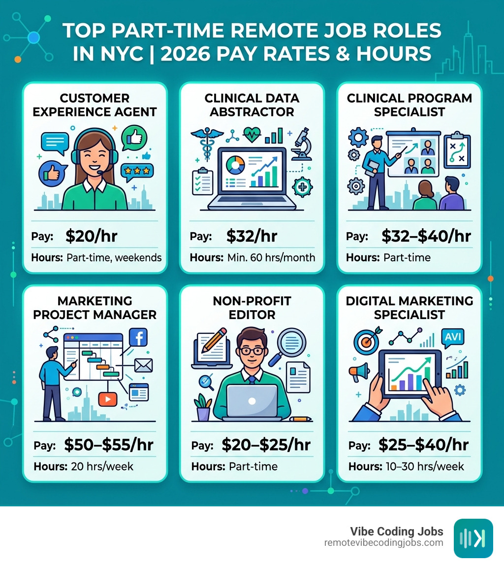 Infographic showing top part-time remote job roles in NYC with pay rates and hours in 2026 - part time remote jobs nyc