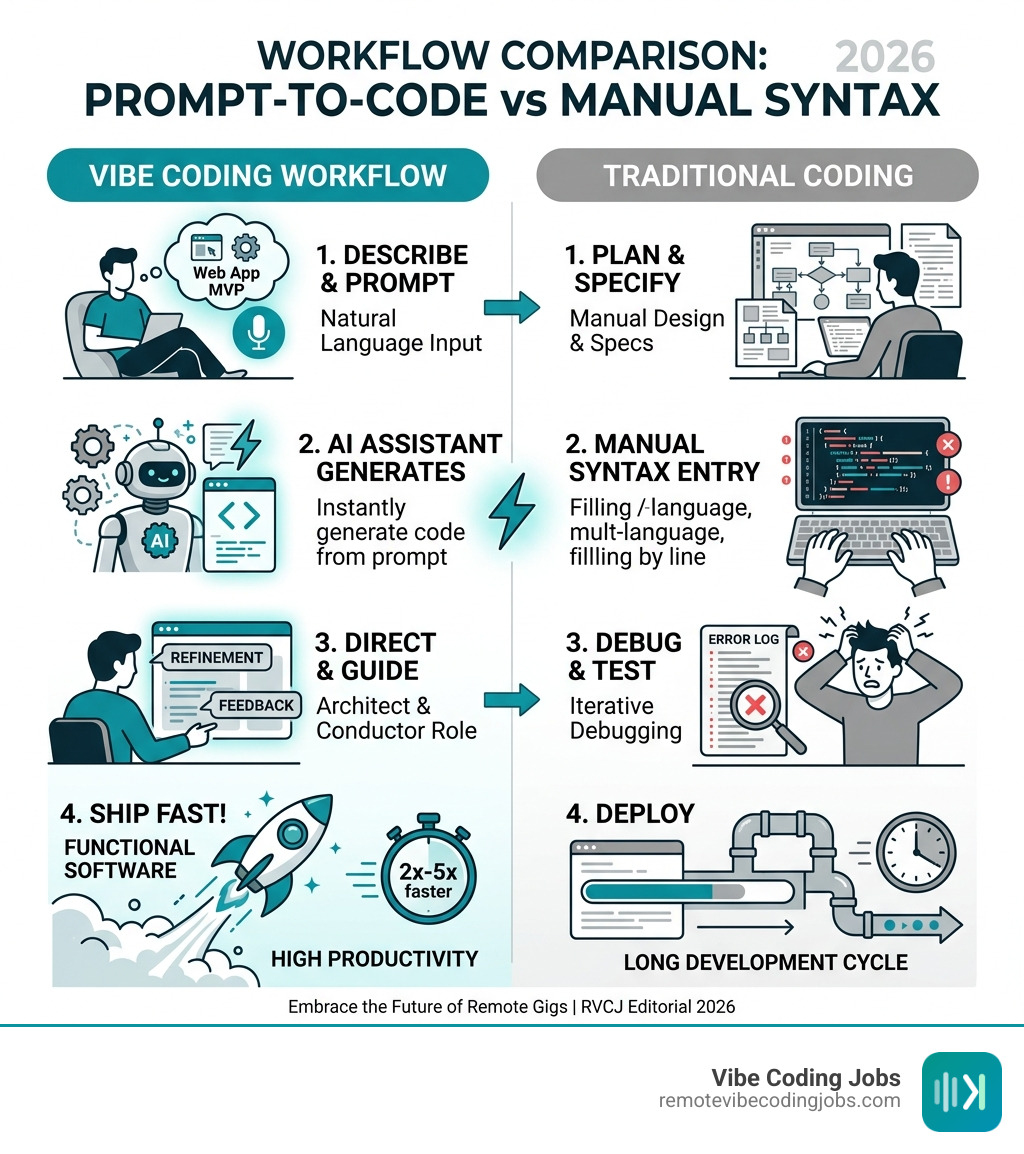 Vibe coding workflow vs traditional coding: prompt-to-code vs manual syntax entry steps - remote freelance vibe coder