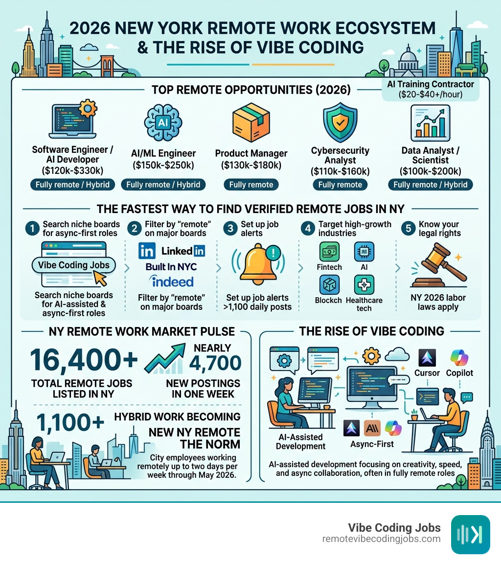 2026 New York remote work ecosystem and the rise of Vibe Coding infographic - remote work new york infographic 