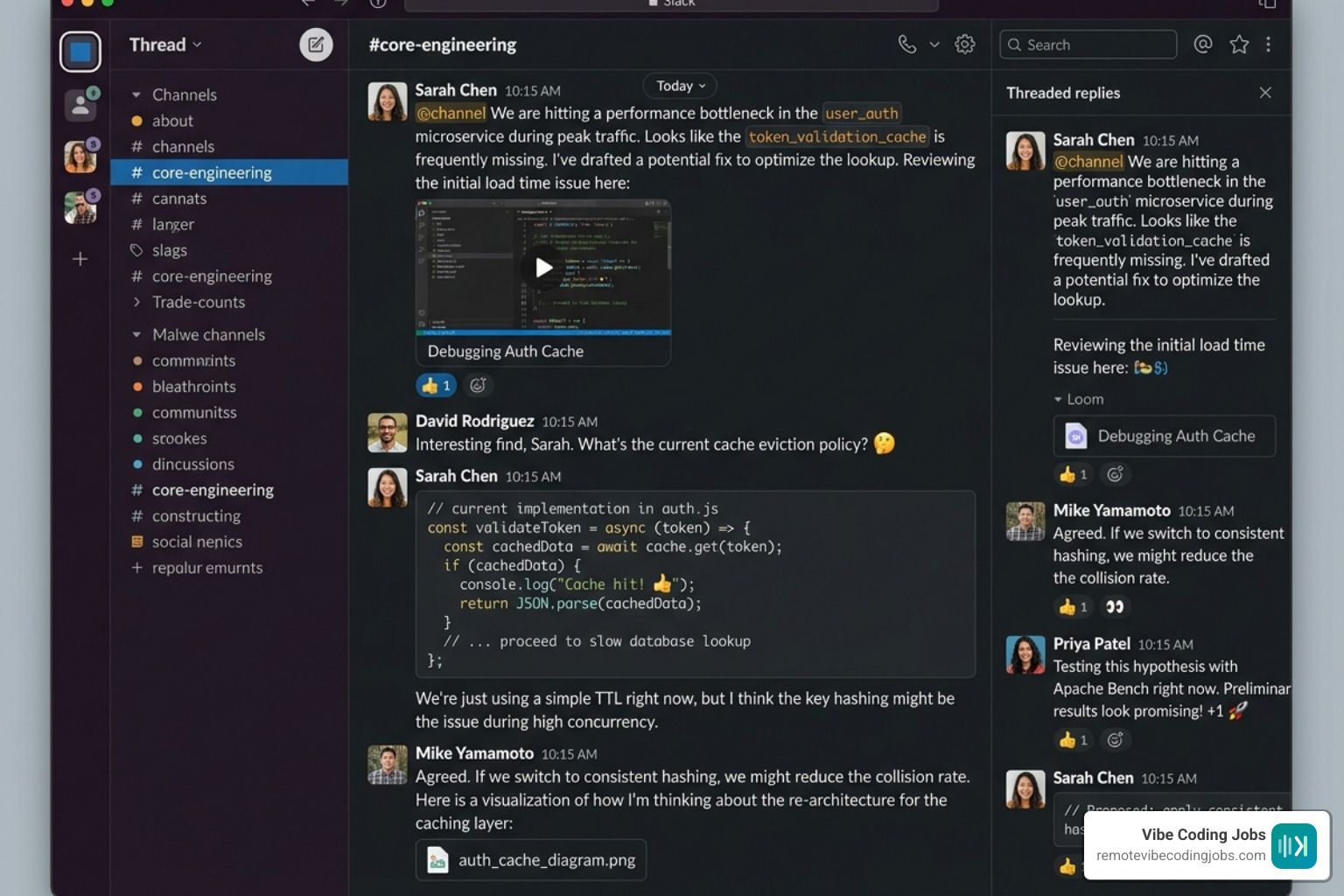 Slack thread showing a detailed technical discussion with code snippets and Loom links - async communication dev roles Slack thread showing a detailed technical discussion with code snippets and Loom links - async communication dev roles
