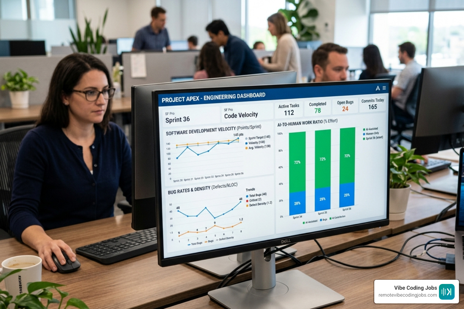 Productivity dashboard showing velocity, bug rates, and AI-to-human work ratio - ai assisted remote dev Productivity dashboard showing velocity, bug rates, and AI-to-human work ratio - ai assisted remote dev