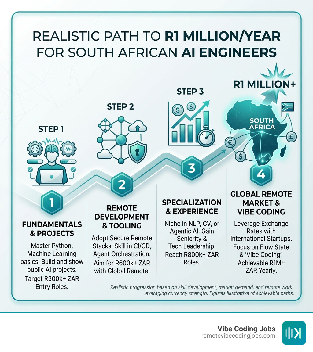 Infographic showing the realistic path to R1 Million per year for South African AI engineers - ai claude remote engineer