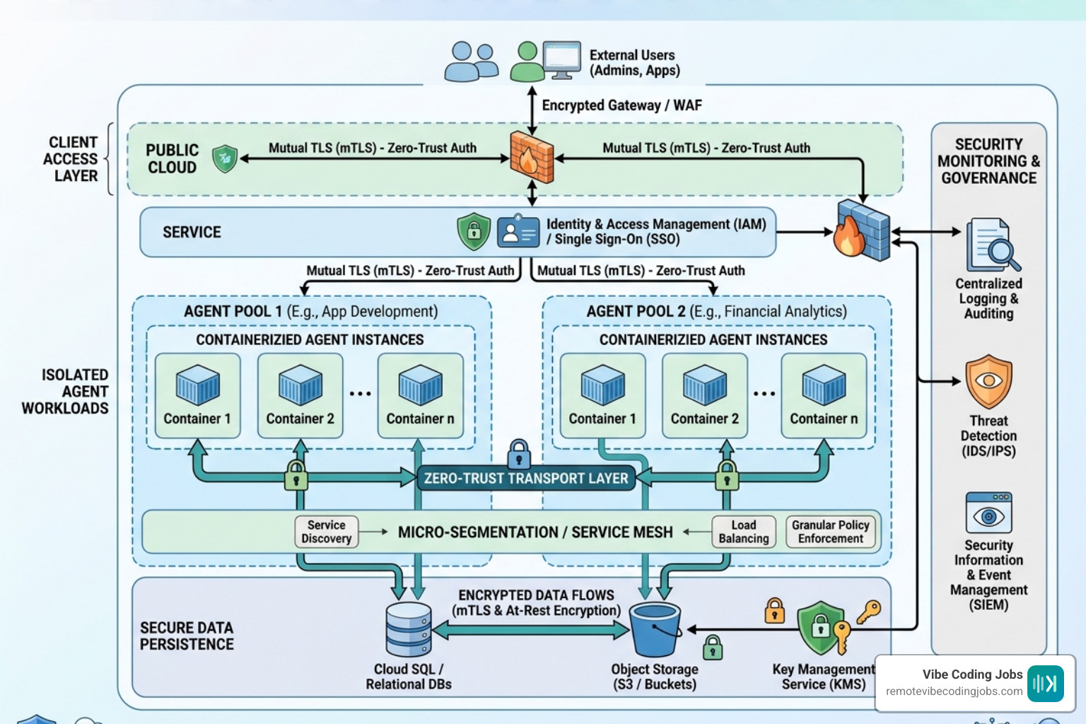 Secure cloud infrastructure diagram showing isolated agent environments and zero-trust transport - ai claude remote engineer