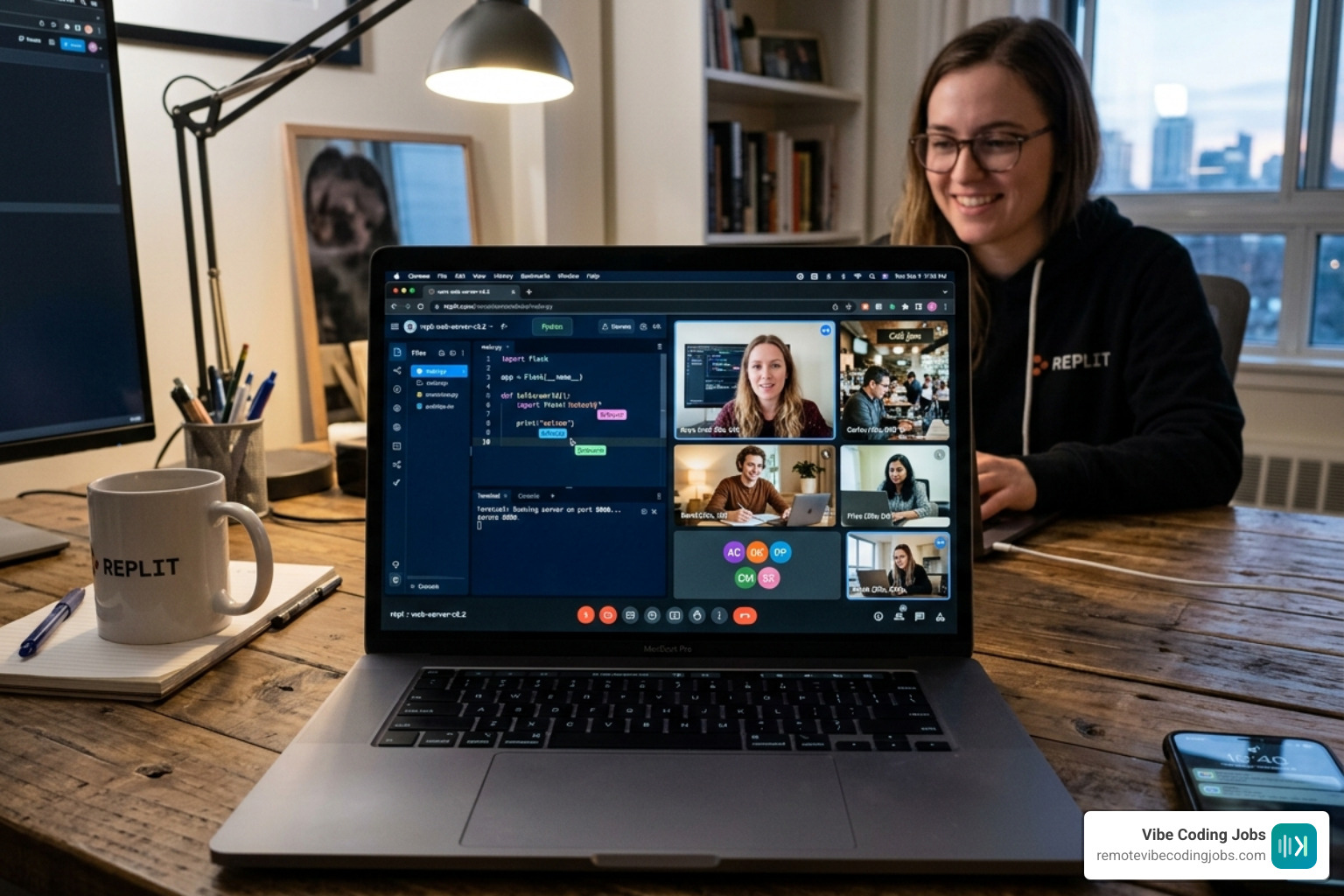 A distributed Replit team collaborating via a shared Repl and video call - async first replit jobs