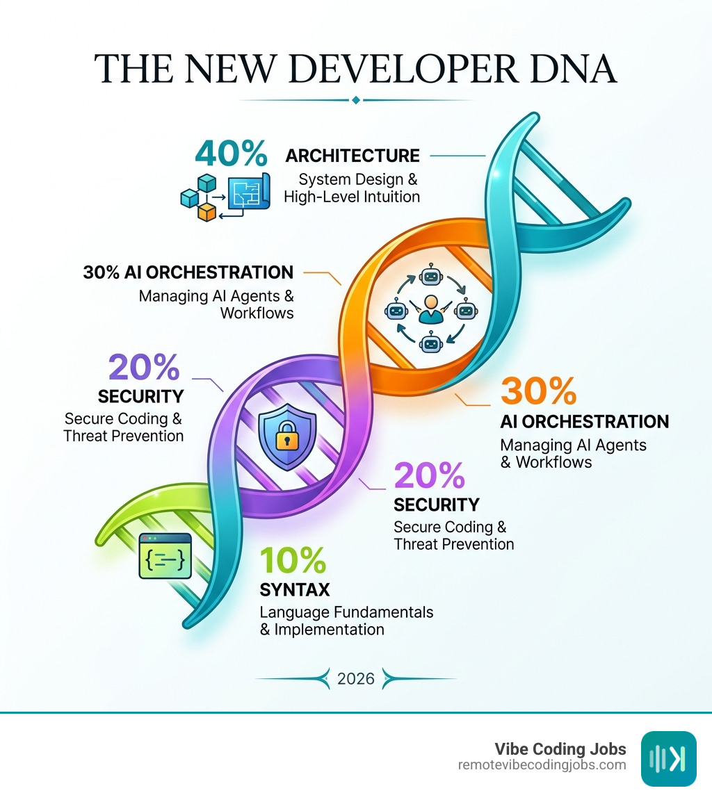 Infographic of New Developer DNA: 40% Architecture, 30% AI Orchestration, 20% Security, 10% Syntax - ai assisted remote dev Infographic of New Developer DNA: 40% Architecture, 30% AI Orchestration, 20% Security, 10% Syntax - ai assisted remote dev