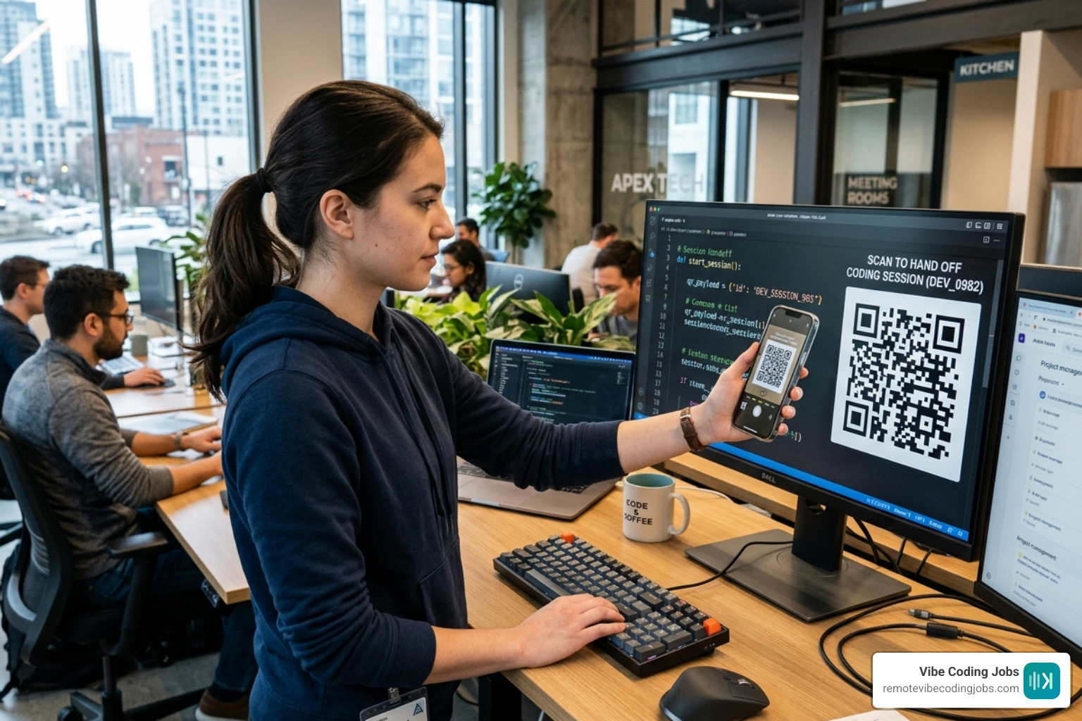 A developer scanning a QR code on a terminal screen with their smartphone to hand off a session - ai claude remote engineer