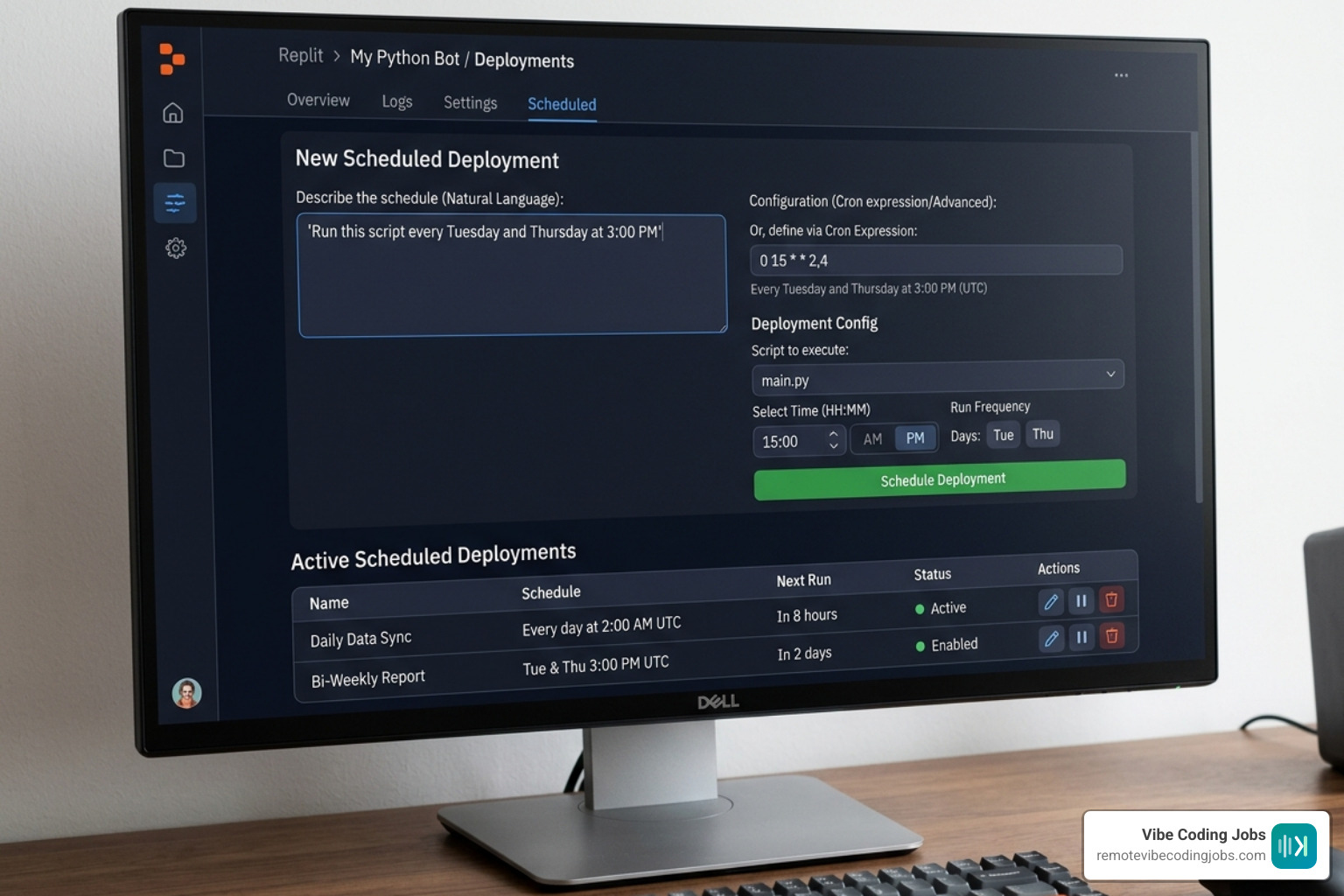 Replit Scheduled Deployments interface showing natural language scheduling options - async first replit jobs