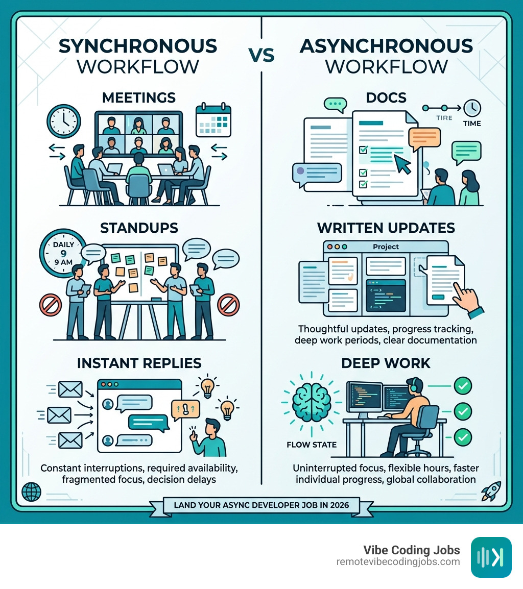 Infographic comparing synchronous vs asynchronous developer workflows: meetings vs docs, standups vs written updates - async