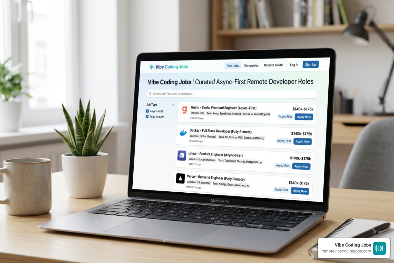 The Vibe Coding Jobs interface showing curated async roles - async company developer jobs