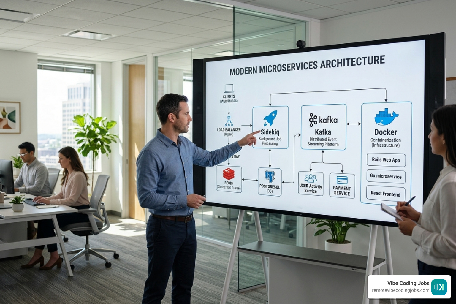 Modern tech stack diagram including Sidekiq, Kafka, and Docker - async company developer jobs