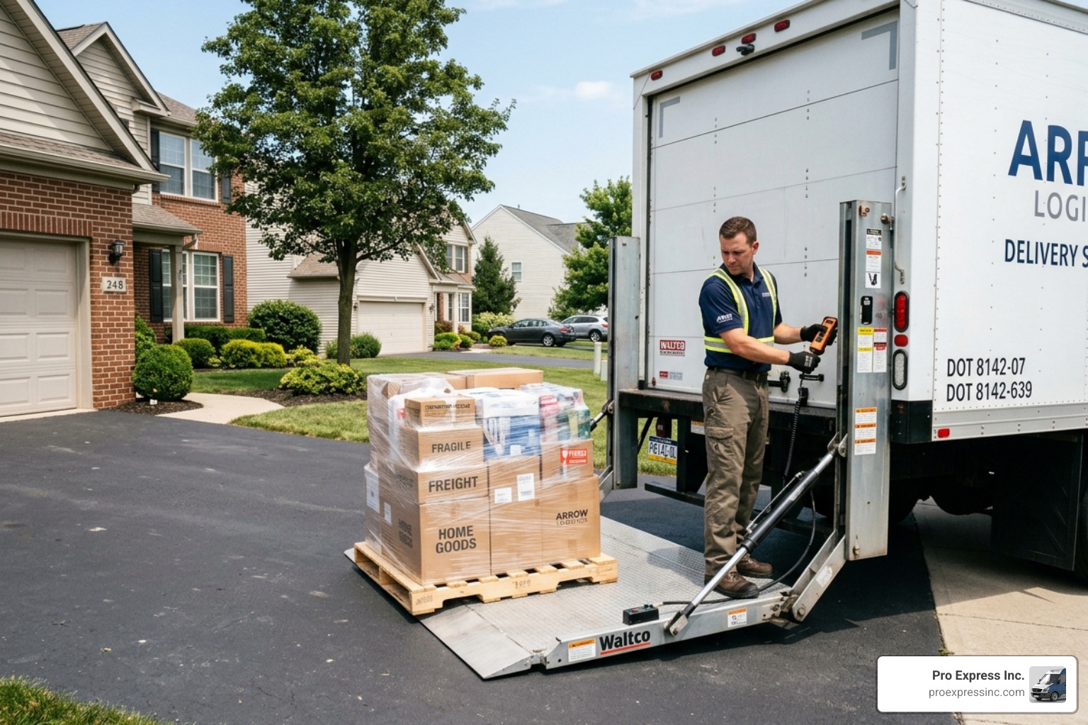 liftgate lowering a pallet to a driveway - ltl residential delivery