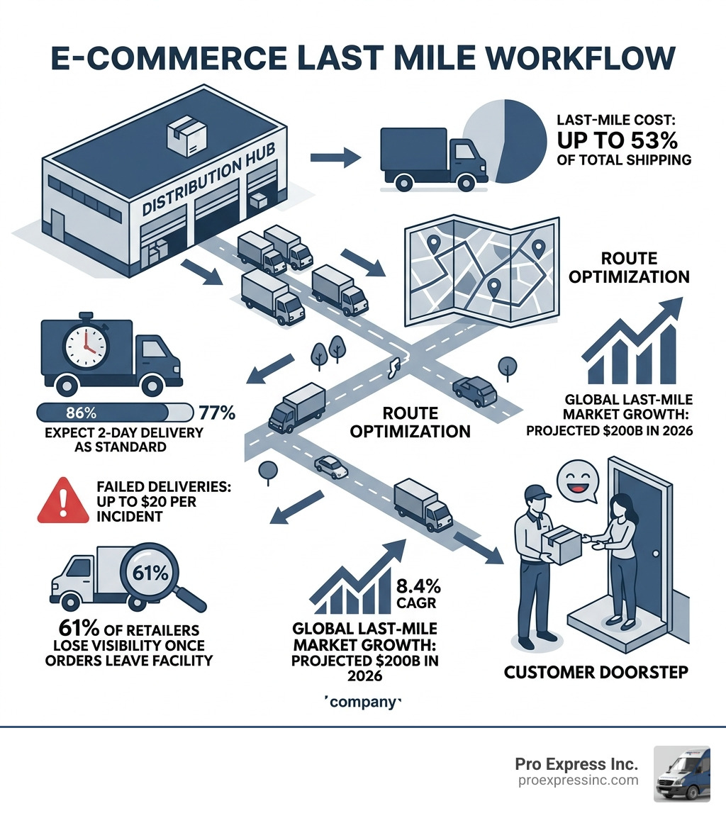 E-commerce last mile workflow from distribution hub to customer doorstep with key stats - e commerce last mile infographic 