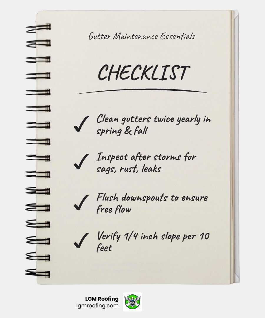 Infographic showing gutter and downspout drainage system with maintenance checklist for homeowners - gutter maintenance tips