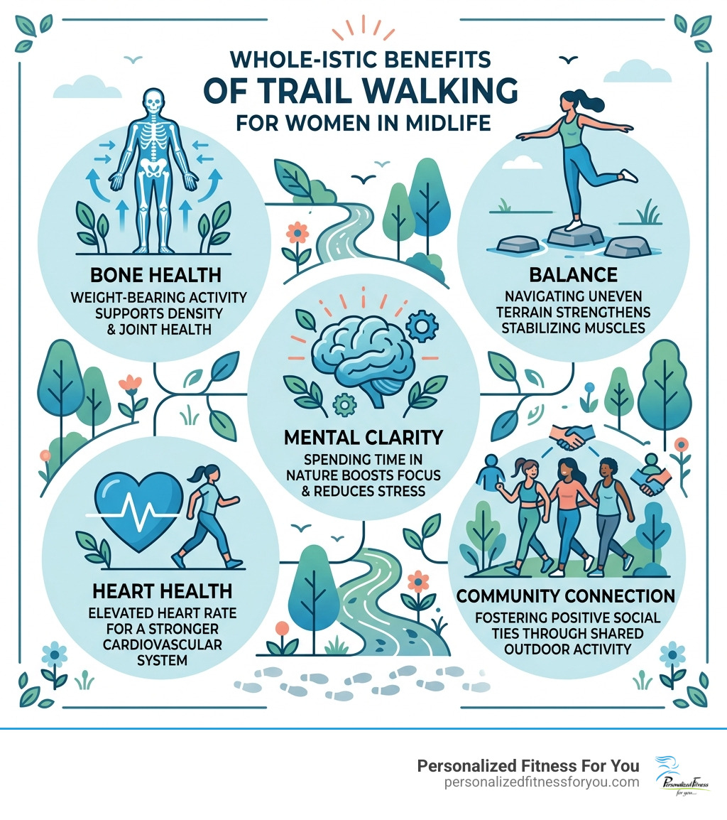 Whole-istic benefits of trail walking for women in midlife: joint stability, balance, mental clarity, heart health, community Whole-istic benefits of trail walking for women in midlife: joint stability, balance, mental clarity, heart health, community