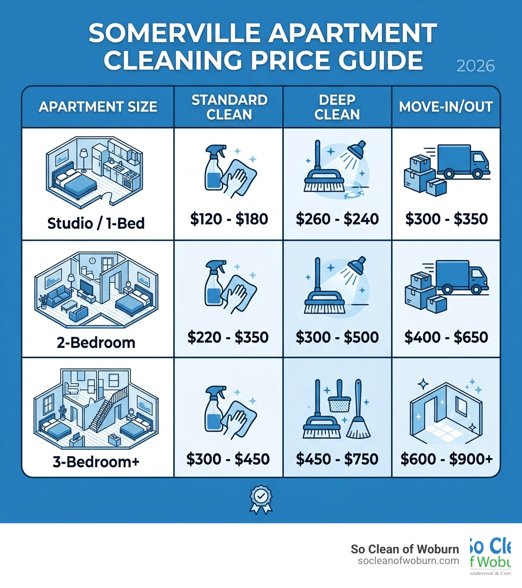Table comparing cleaning service tiers and apartment sizes in Somerville - apartment cleaning somerville ma infographic 