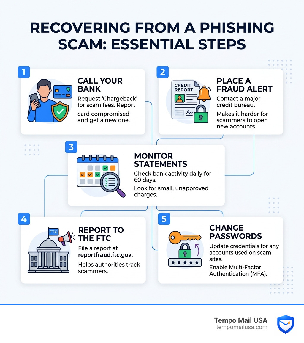 Infographic showing steps for recovering from a phishing scam - costco yeti wagon scam infographic 