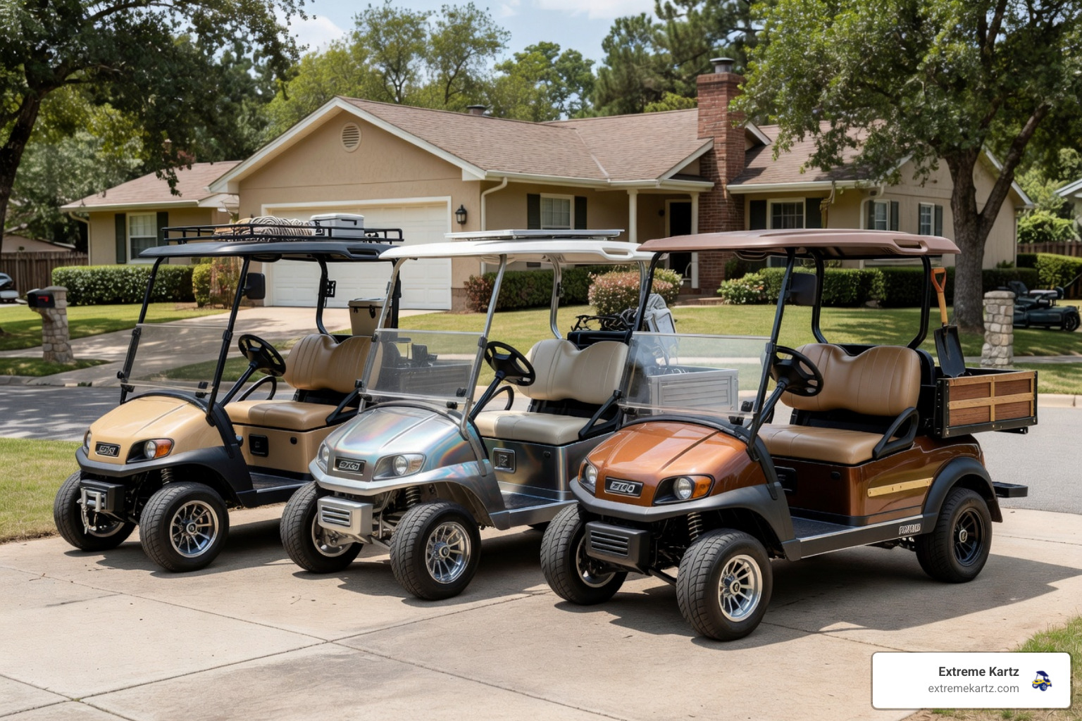 10 inch low profile golf cart tires on a custom golf cart in a neighborhood driveway - 10 inch low profile golf cart tires