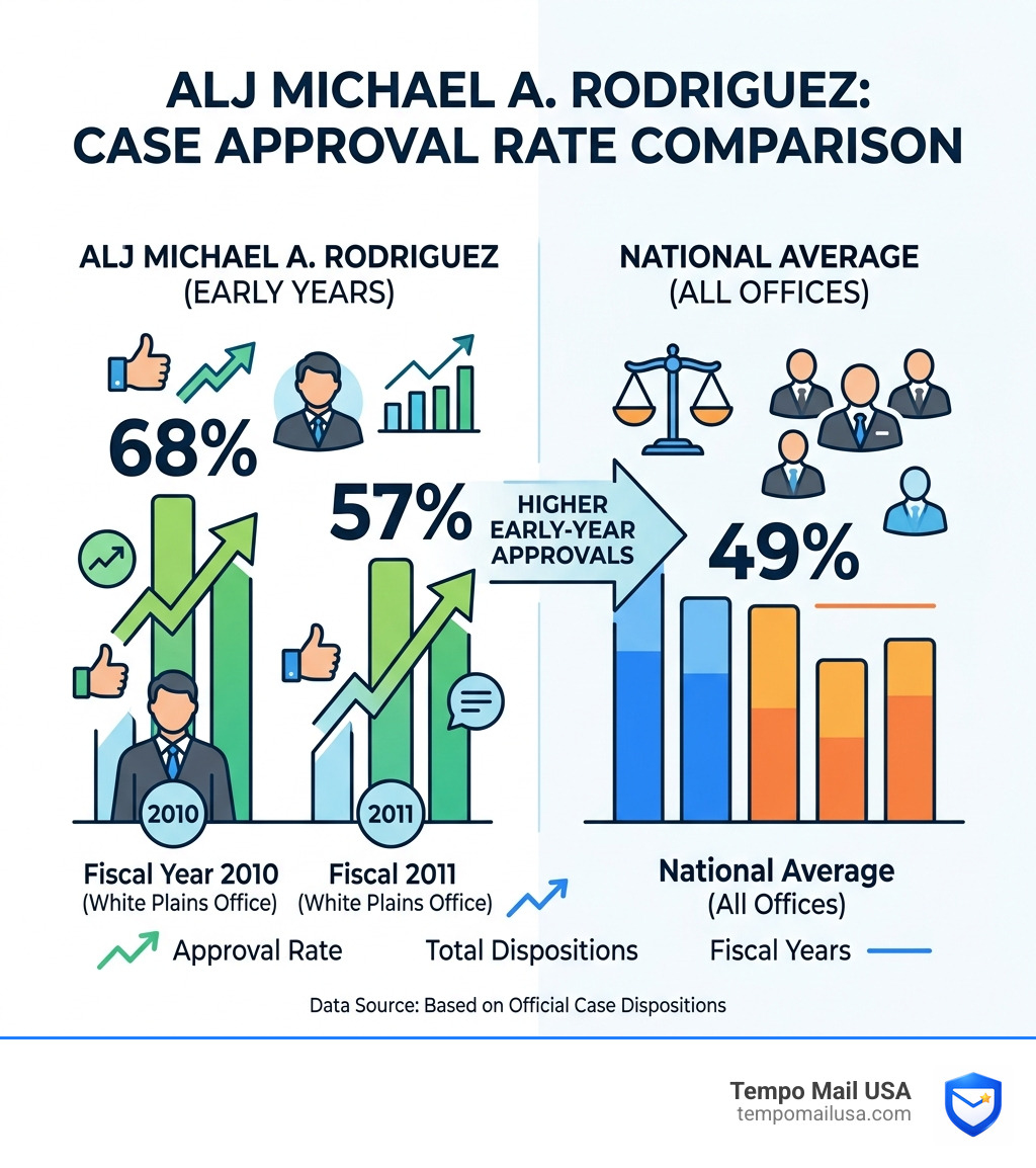 Infographic comparing ALJ Michael A. Rodriguez approval rates to national averages showing higher early-year approvals