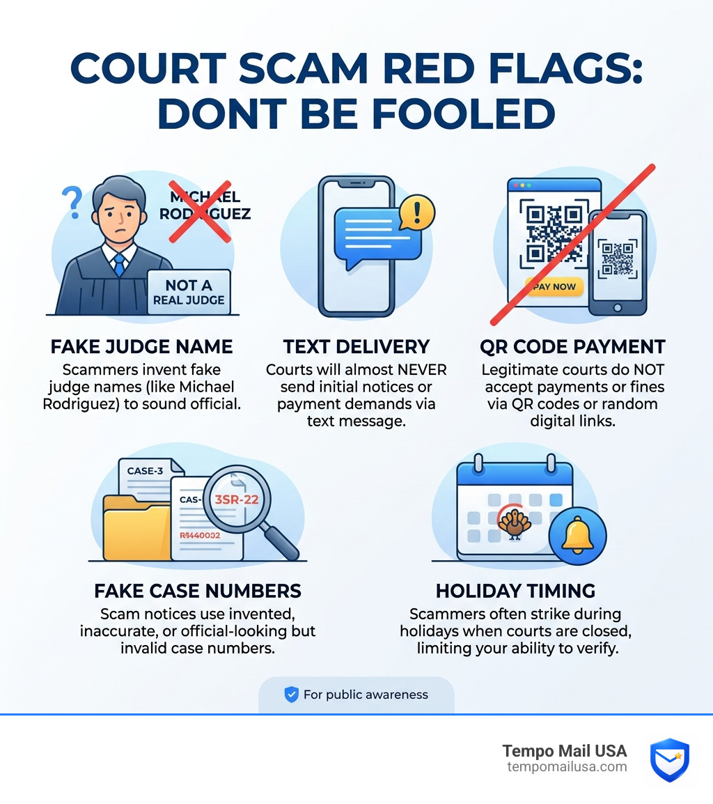 Infographic showing court scam red flags: fake judge name, text delivery, QR code payment, fake case numbers, holiday timing