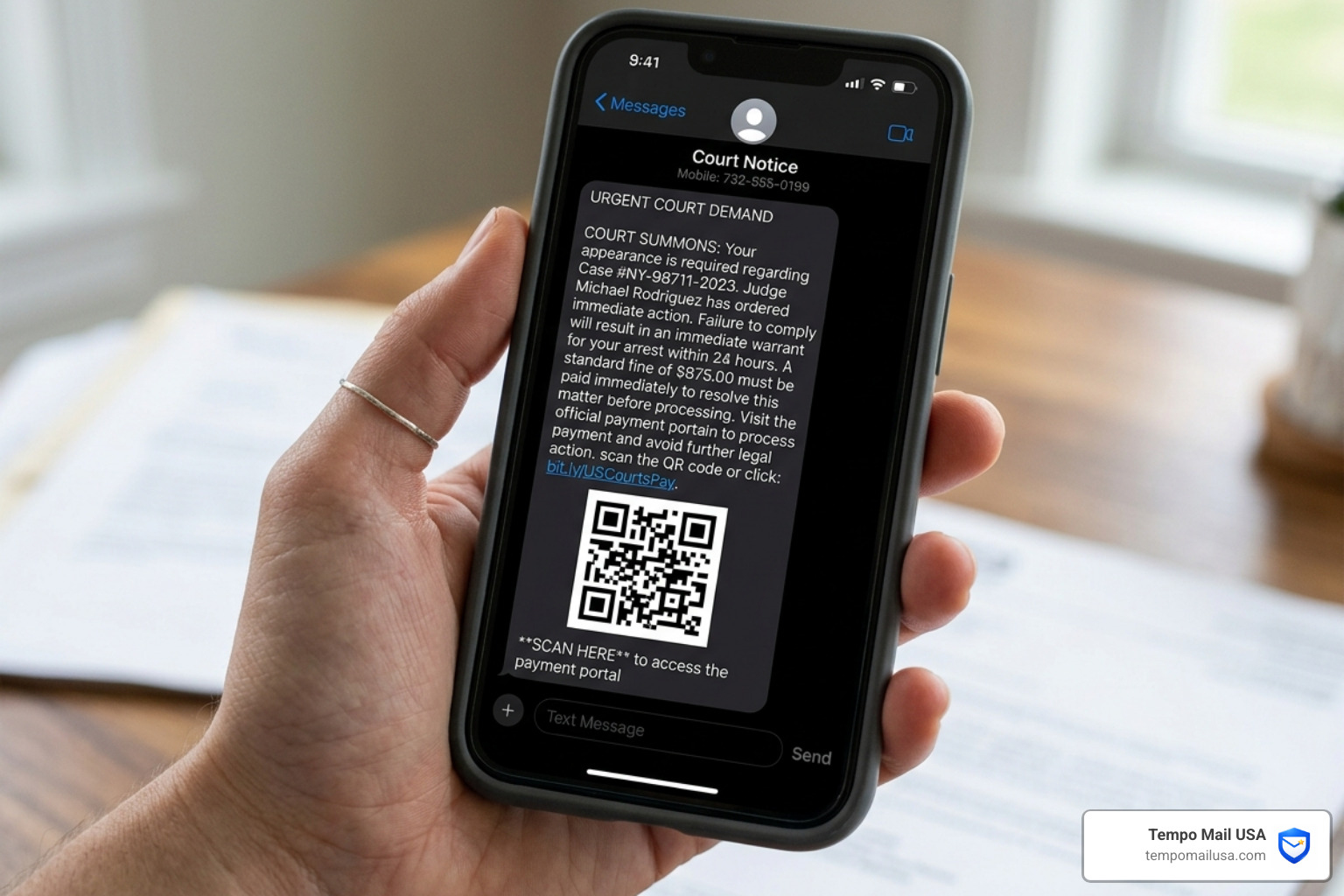 a fraudulent text notice on a smartphone screen showing a fake court demand and a suspicious link - michael rodriguez court