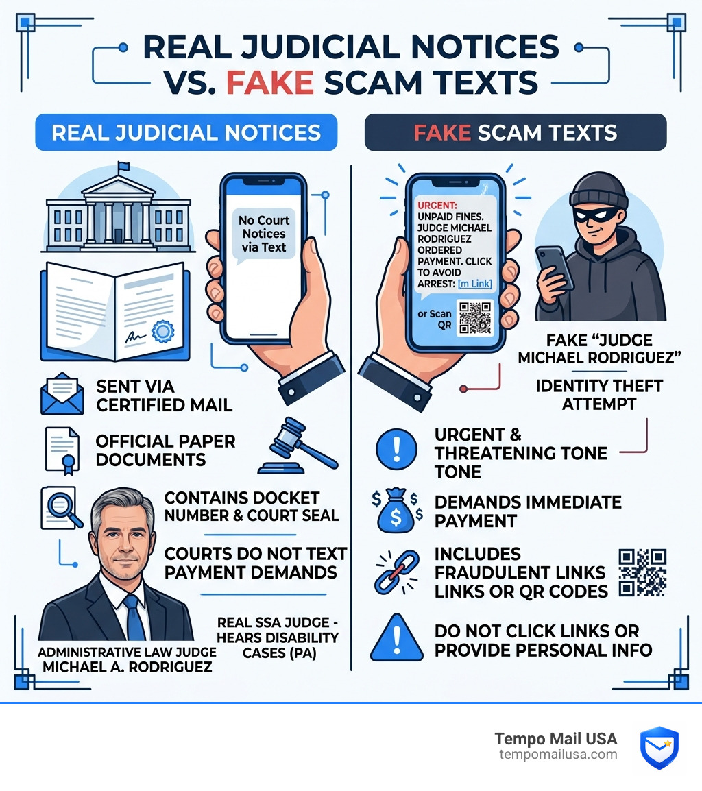 Infographic comparing real judicial notices vs. fake scam texts referencing Judge Michael Rodriguez - judge michael