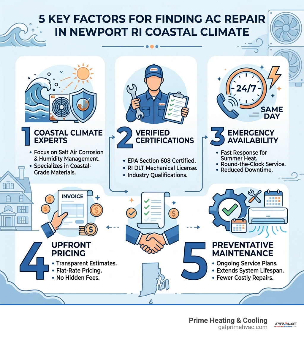 Infographic: 5 key factors for finding AC repair in Newport RI coastal climate - AC Repair in Newport, RI infographic 