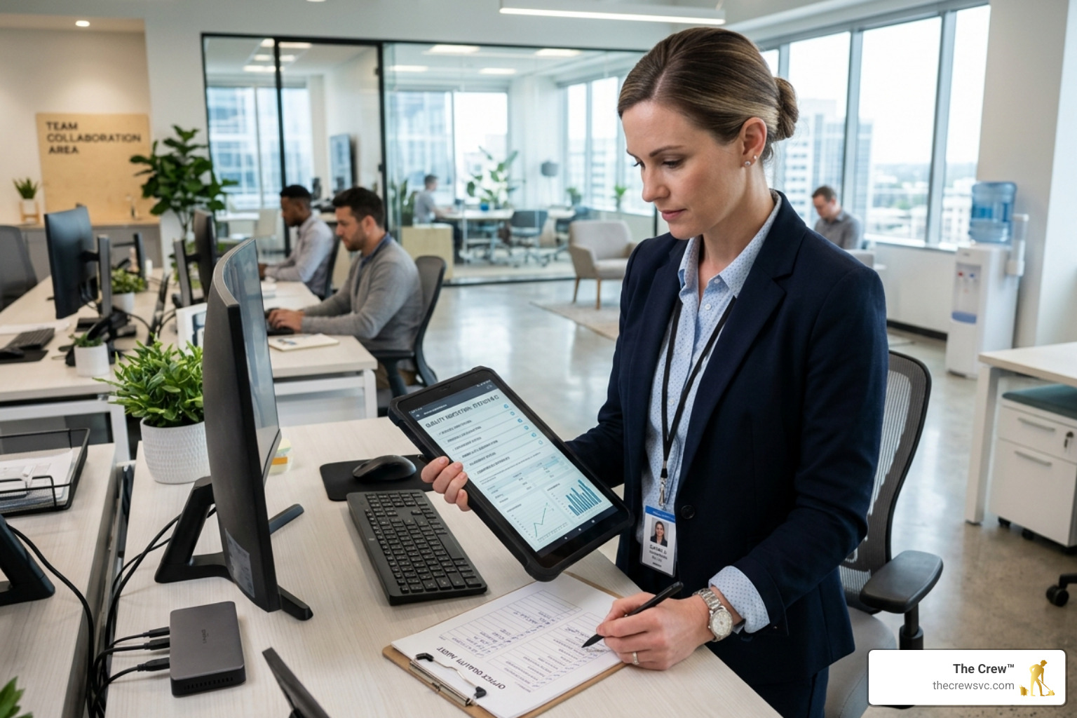 A supervisor conducting a quality inspection with a checklist and tablet in a clean office space. - Which commercial A supervisor conducting a quality inspection with a checklist and tablet in a clean office space. - Which commercial