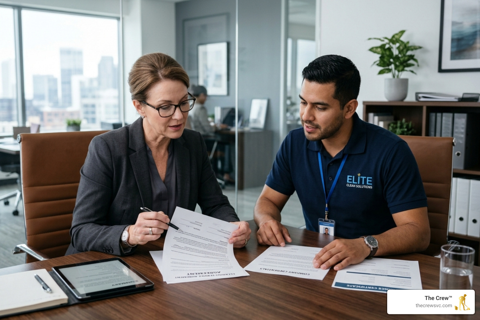 A business owner reviewing a cleaning service contract and company credentials with a professional. - Which commercial A business owner reviewing a cleaning service contract and company credentials with a professional. - Which commercial