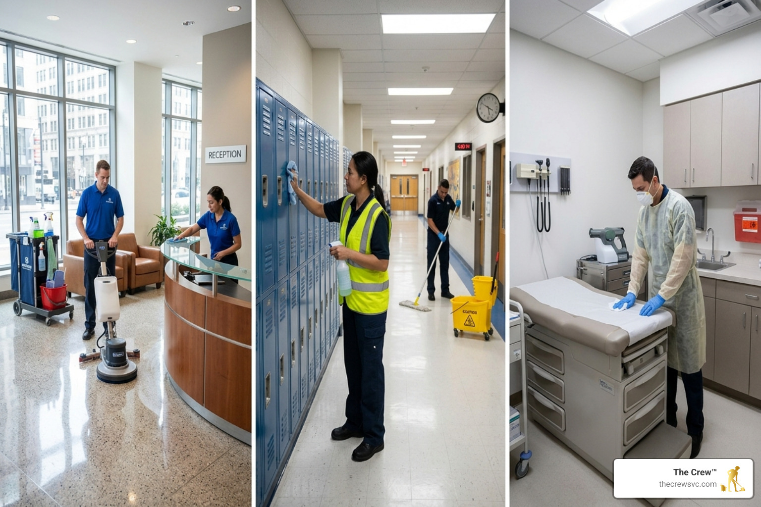 Different types of facilities being cleaned: a modern office lobby, a school hallway, and a medical examination room - Which