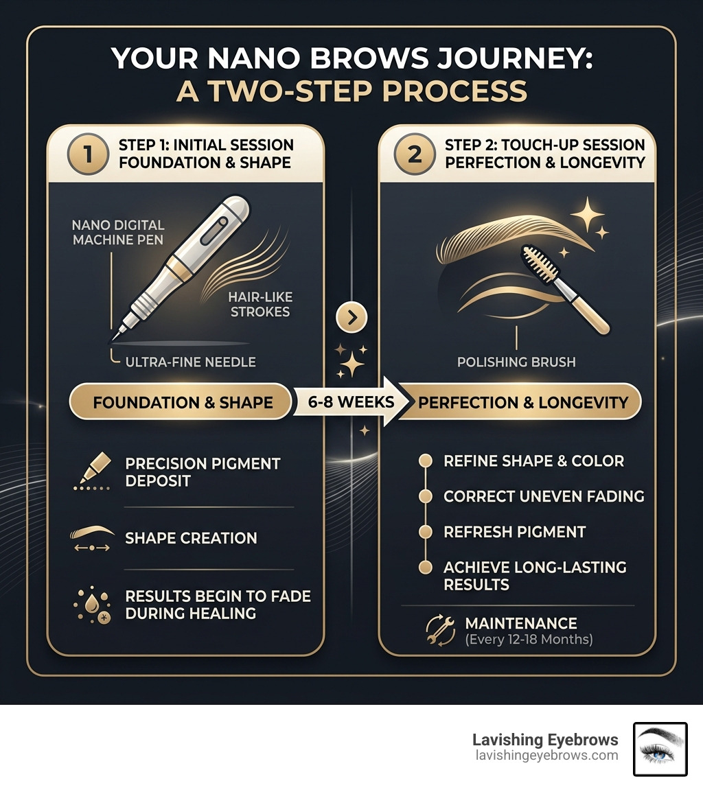 Infographic showing the two-step nano brow journey: initial session and 6-8 week touch-up - nano brows touch up infographic 