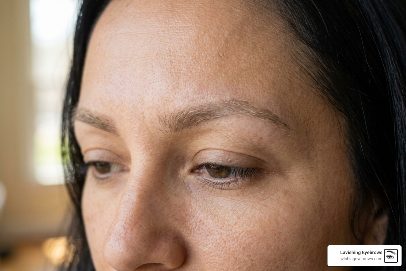 Faded nano brows at the 18-month mark showing a 50% loss in color - nano brows touch up